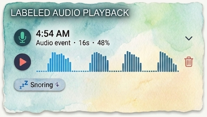 Watercolor audio playback panel showing a 4:54 AM audio event labeled as snoring, with a waveform.
