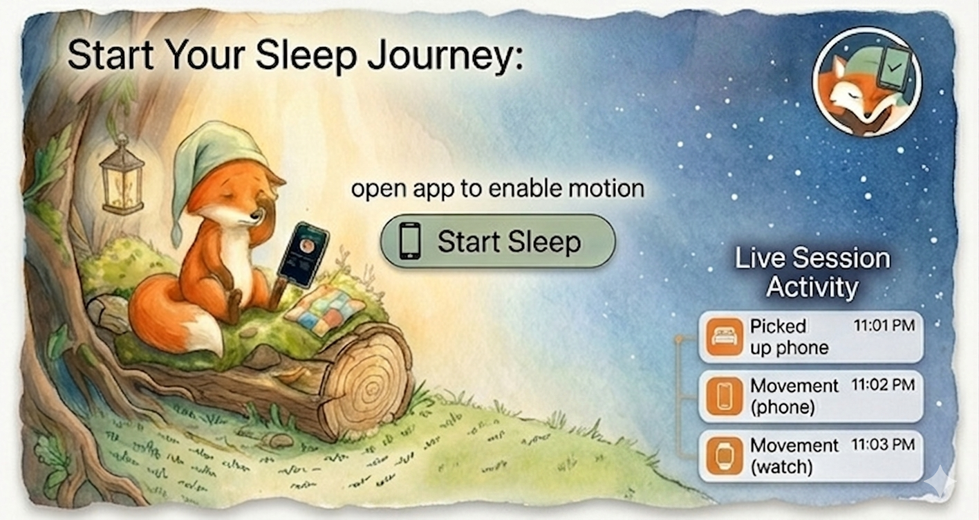Watercolor session setup screen with a fox, Start Sleep button, and live session activity.