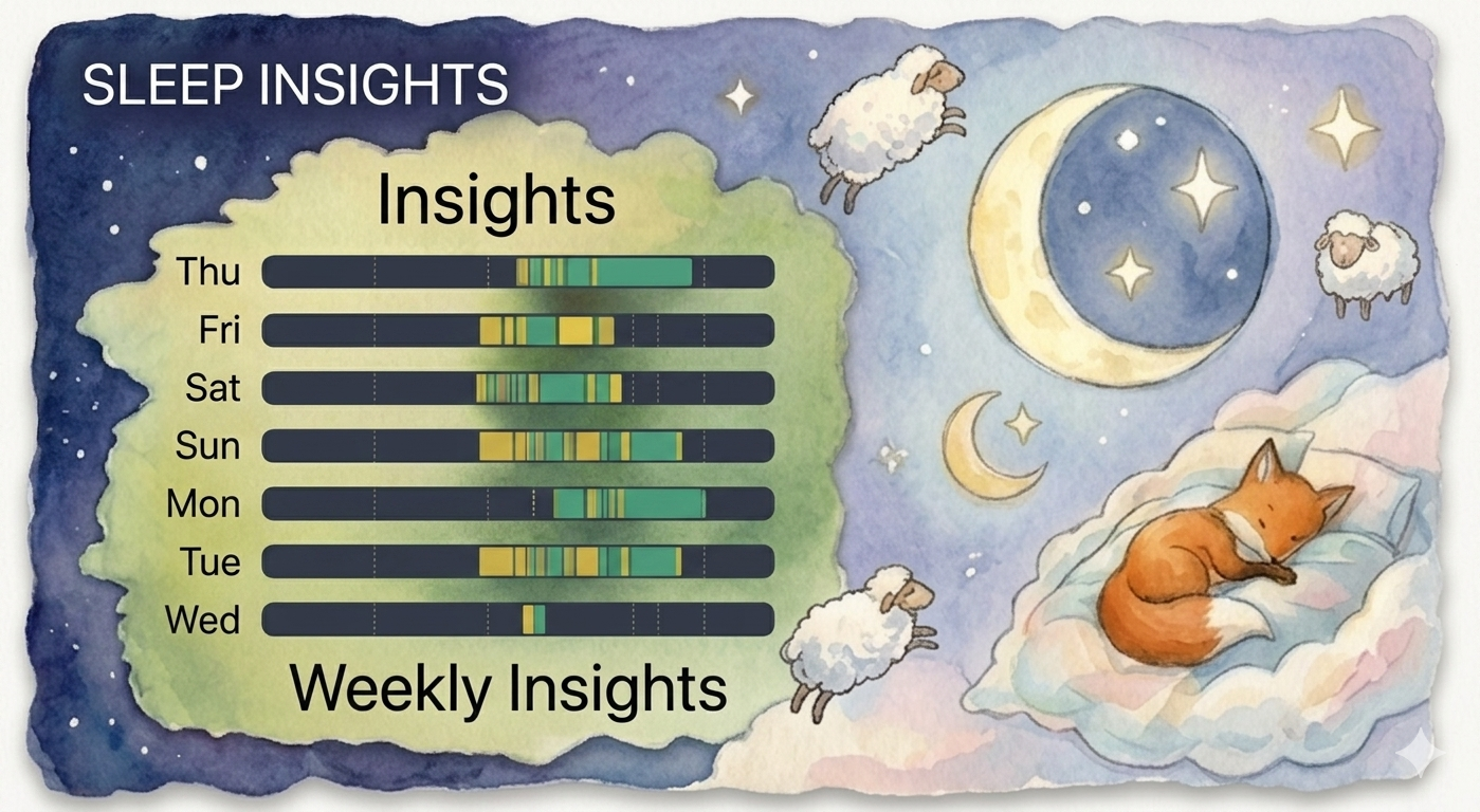 Watercolor sleep insights panel with a weekly chart, moon, sheep, and sleeping fox.