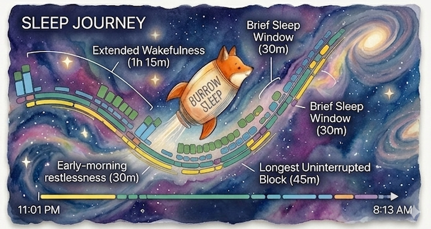 Watercolor sleep journey timeline across a starry sky with wakefulness and sleep-window labels.