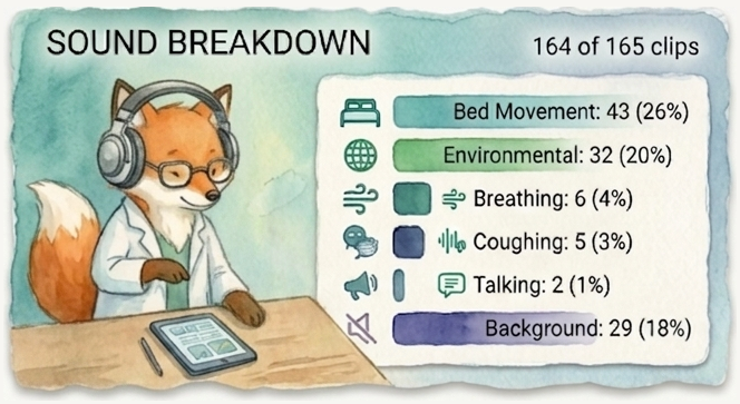 Watercolor sound breakdown panel with a fox at a desk and audio categories: bed movement, environmental, breathing, coughing, talking, background.